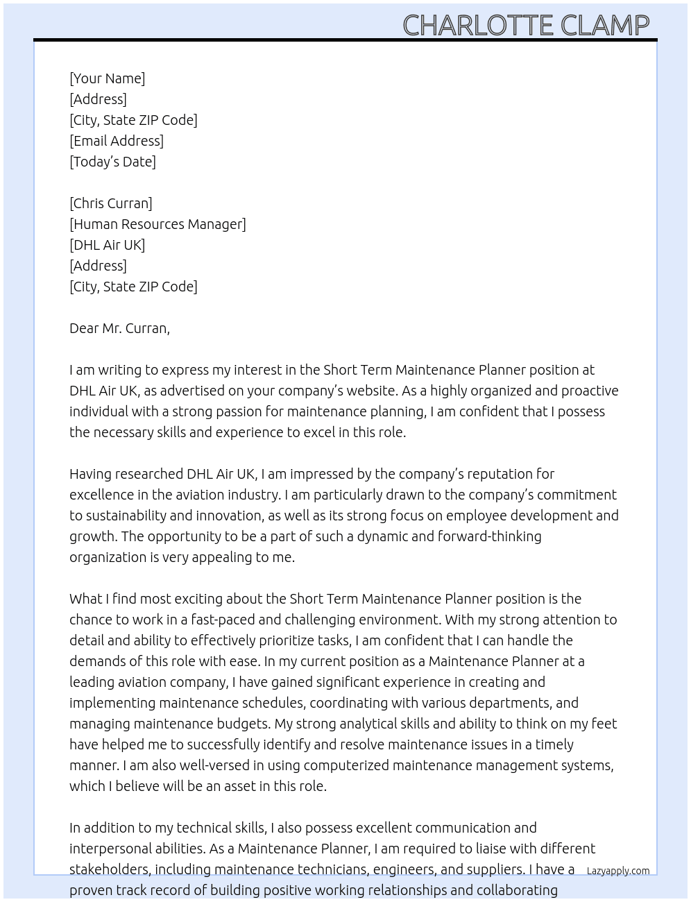 Short Term Maintenance Planner At DHL Air UK  Cover Letter