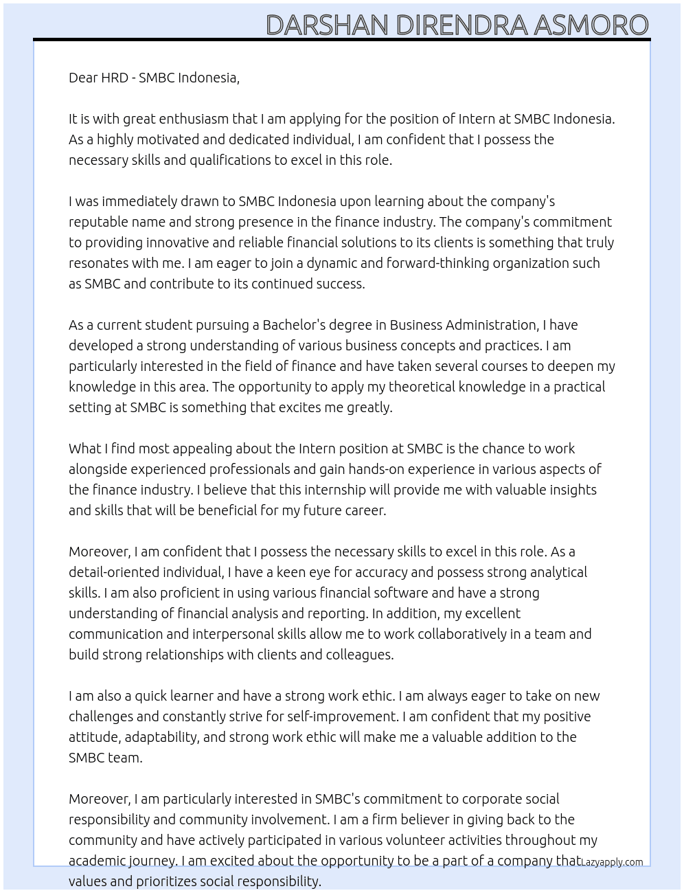 Intern At SMBC Cover Letter