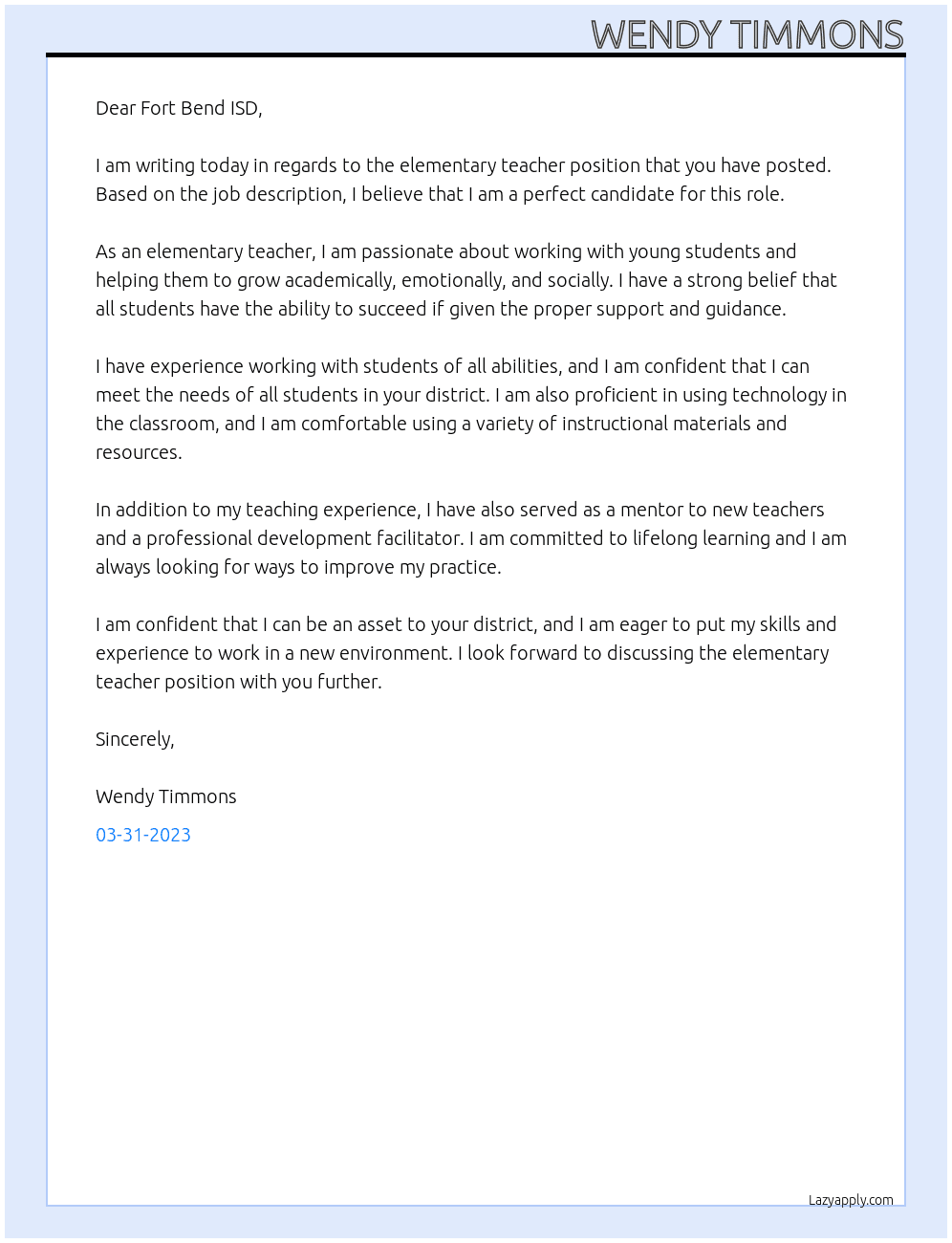 Elementary Teacher At Fort Bend ISD Cover Letter