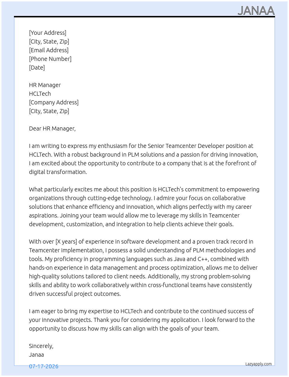 Cover letter for senior teamcenter developer - LazyApply