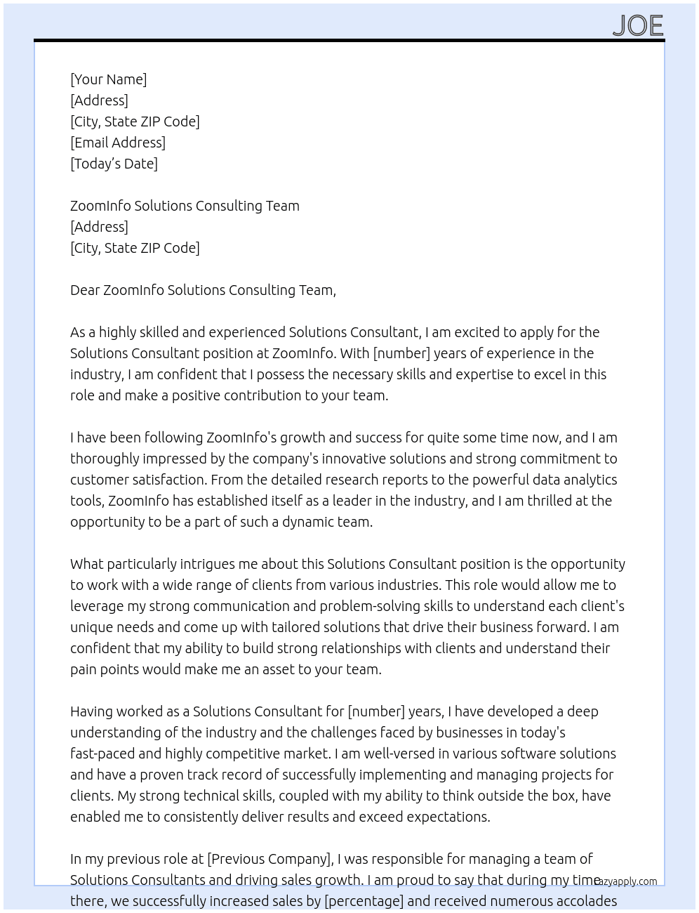 Solutions Consultant At ZoomInfo Cover Letter
