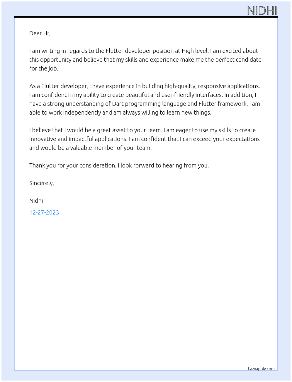 Flutter developer At High level Cover Letter