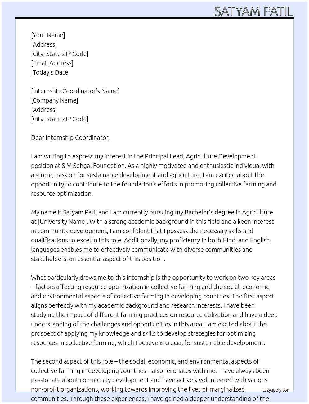 Principal Lead, Agriculture Development At S M Sehgal Foundation Cover Letter