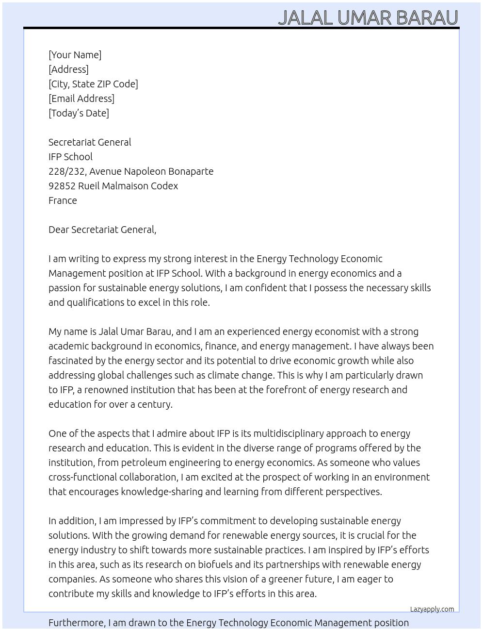 Energy Technology Economic Management  At IFP Cover Letter