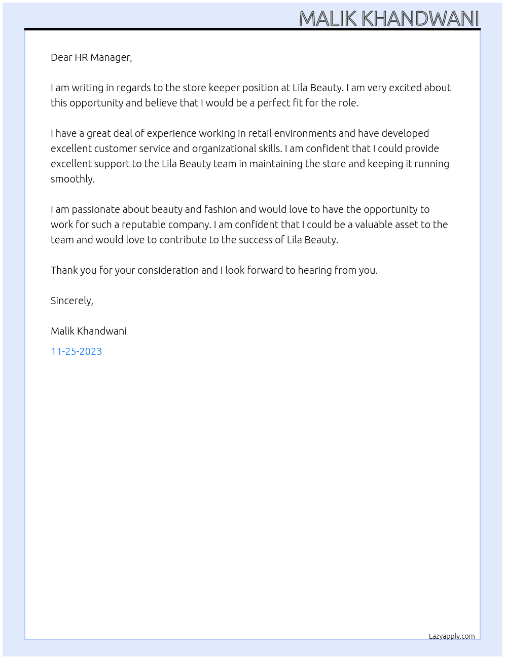 Store keeper At Lila Beauty Cover Letter