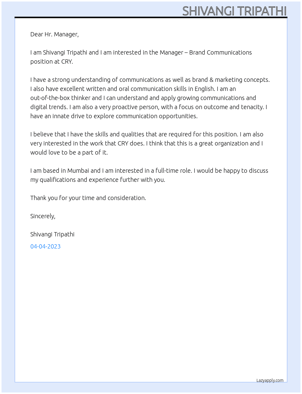 Manager – Brand Communications At CRY Cover Letter
