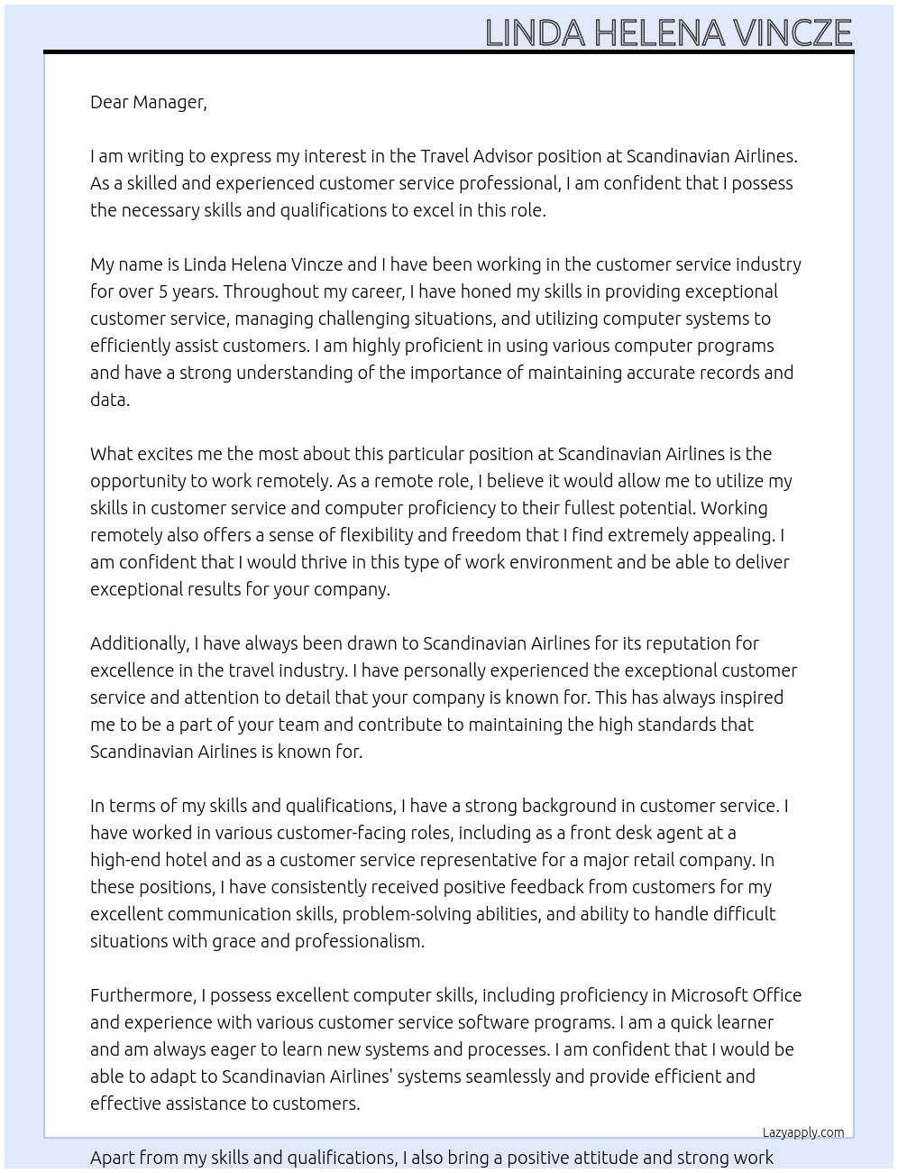 Travel Advisor At Scandinavian Airlines Cover Letter