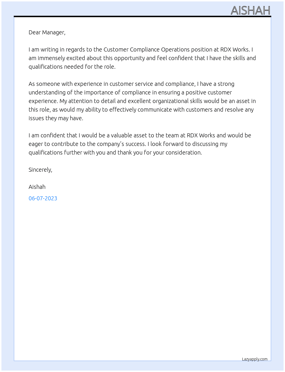 Customer Compliance Operations At RDX Works Cover Letter