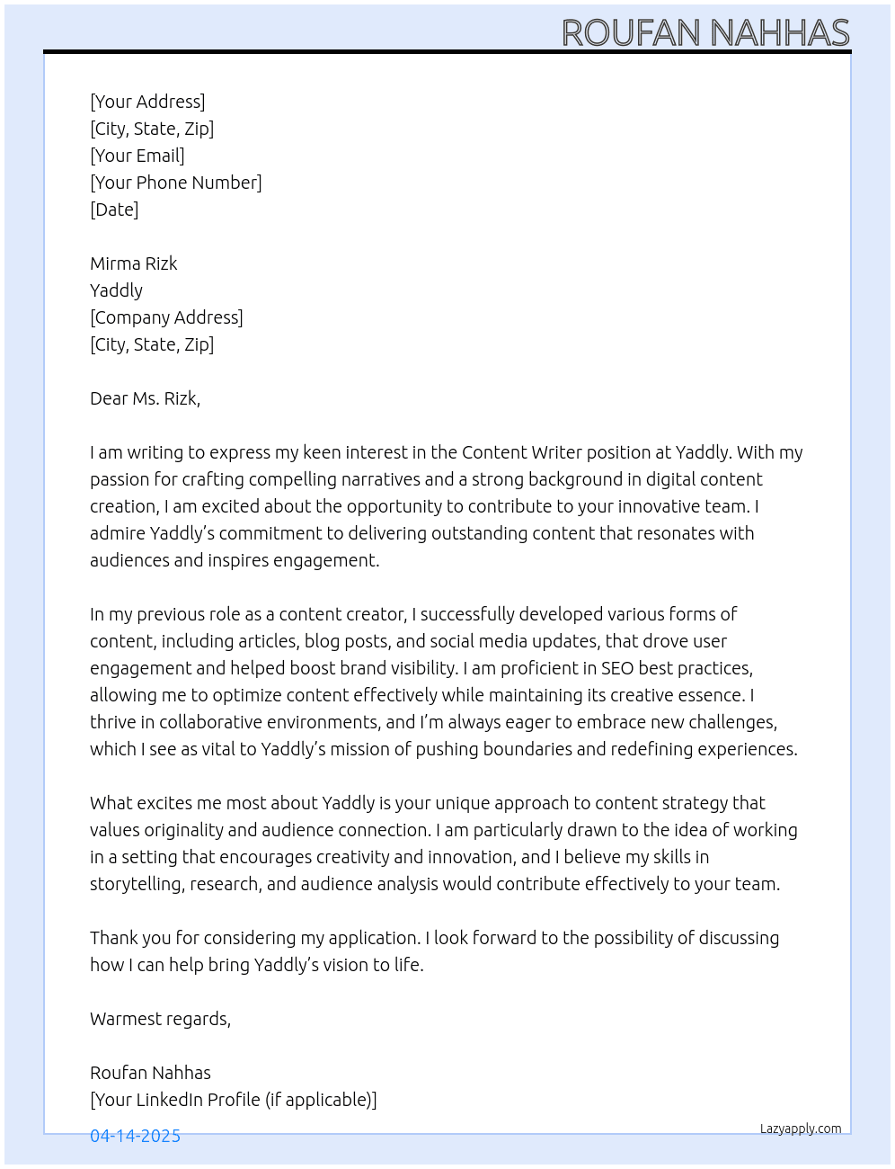 Content Writer At Yaddly Cover Letter