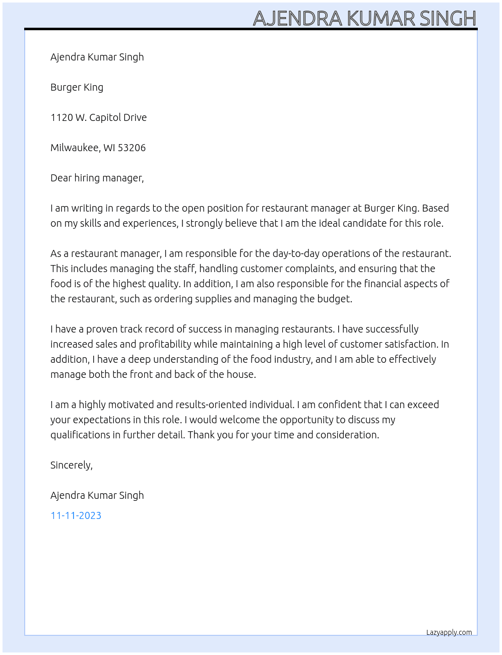 Restaurant Manager At burgerking Cover Letter
