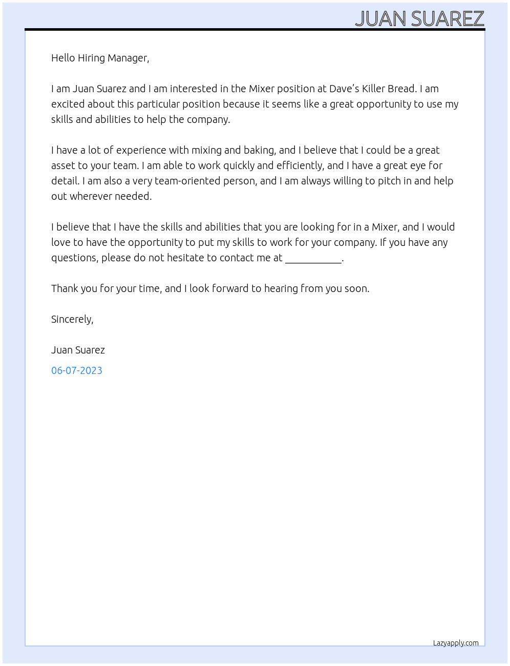 Mixer At Dave’s Killer Bread Cover Letter