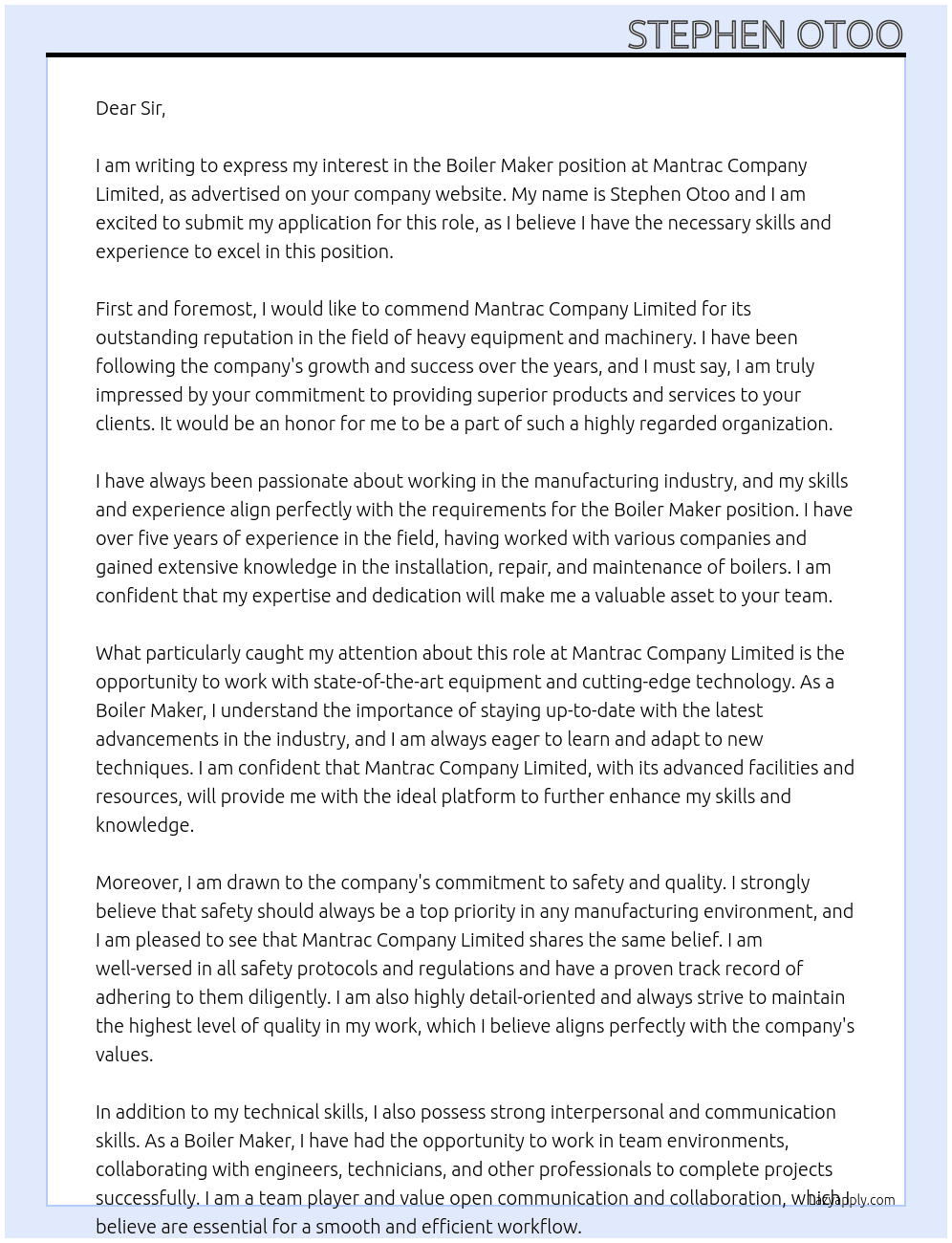 Boiler Maker At Mantrac Company Limited  Cover Letter
