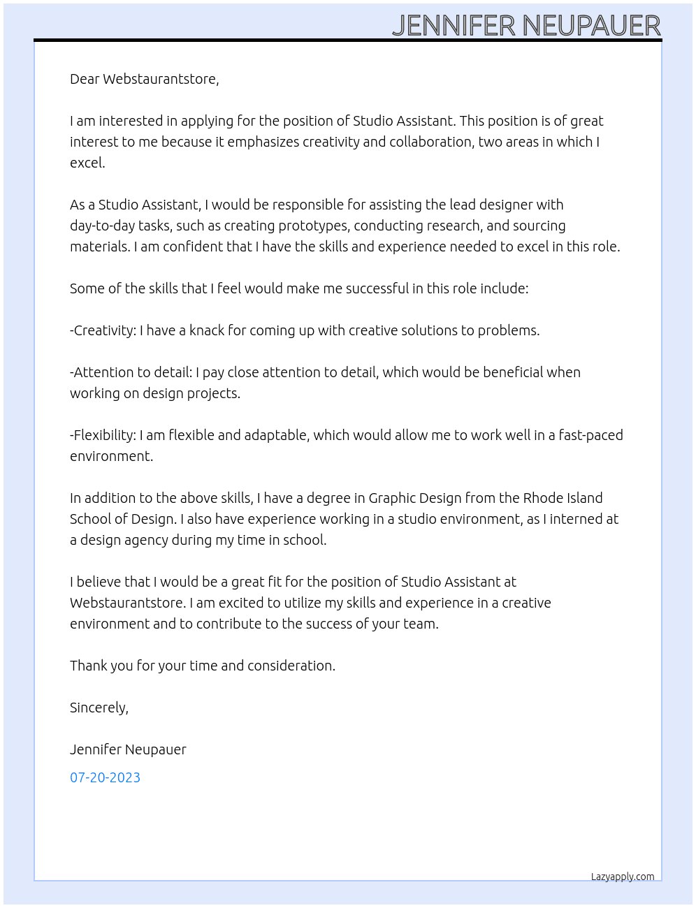 Studio Assistant At Webstaurantstore Cover Letter