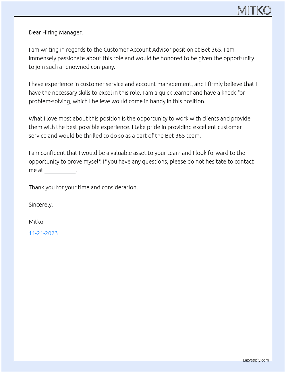 Customer Account Advisor At Bet 365 Cover Letter