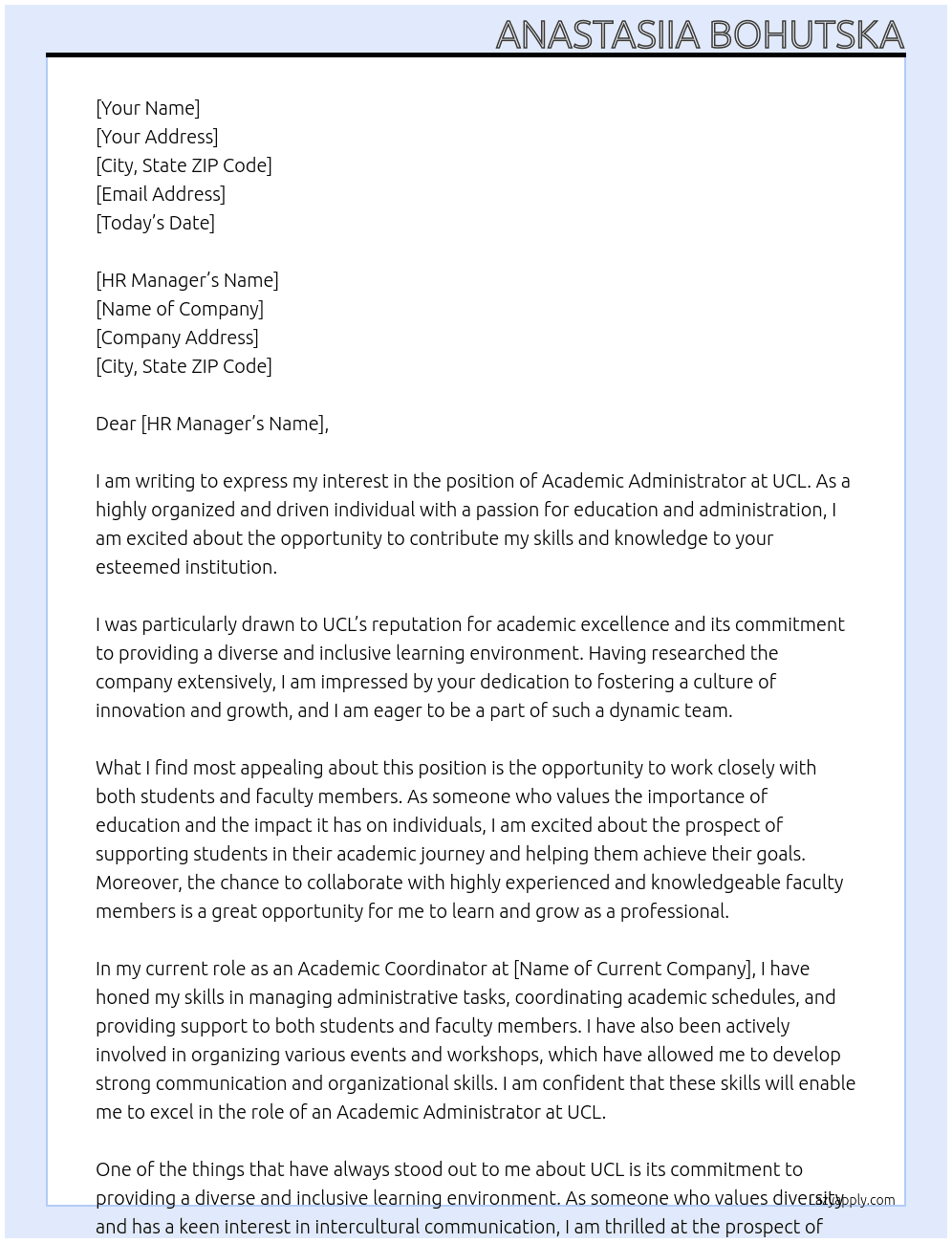 academic administrator At UCL Cover Letter