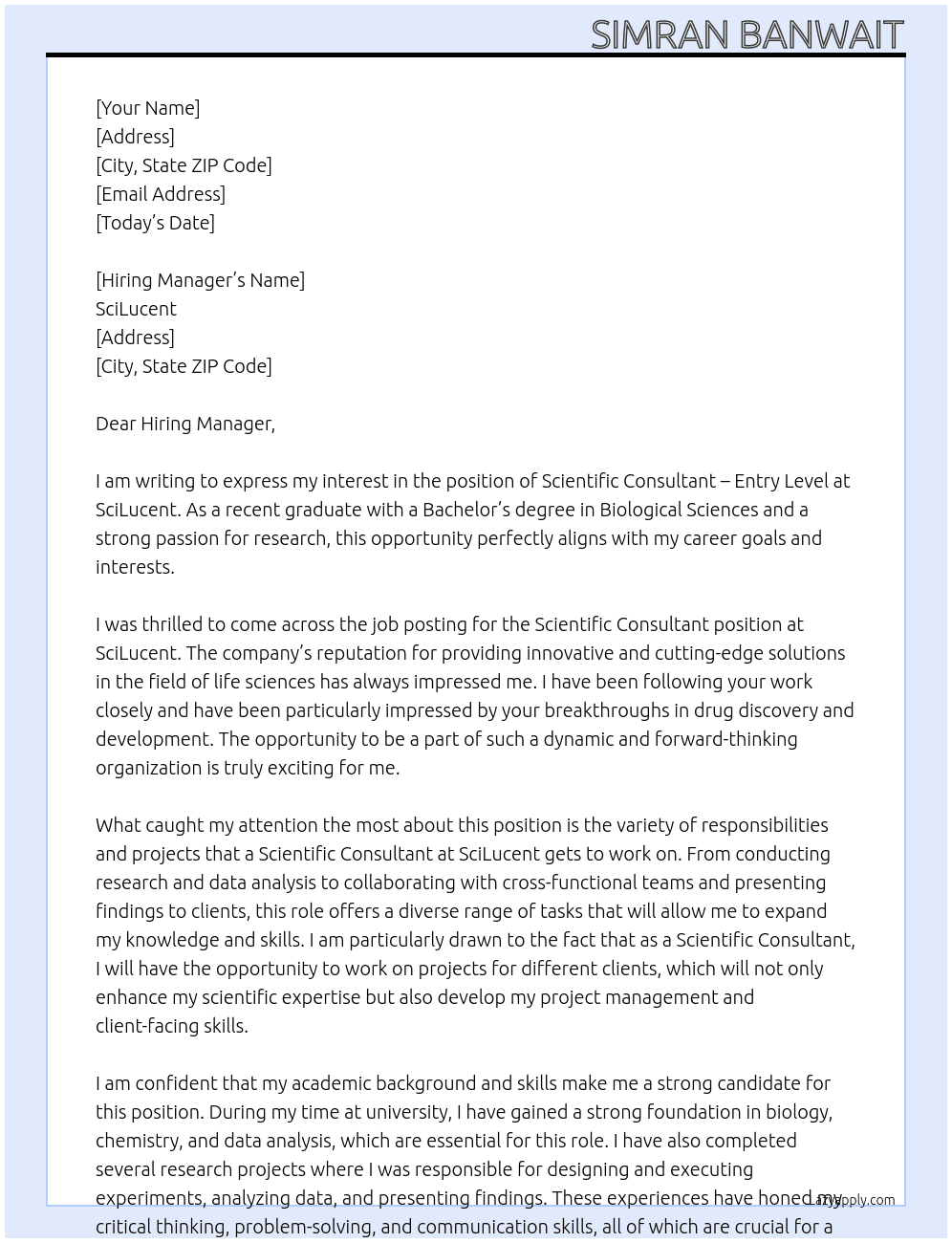 Scientific Consultant - Entry Level At SciLucent Cover Letter