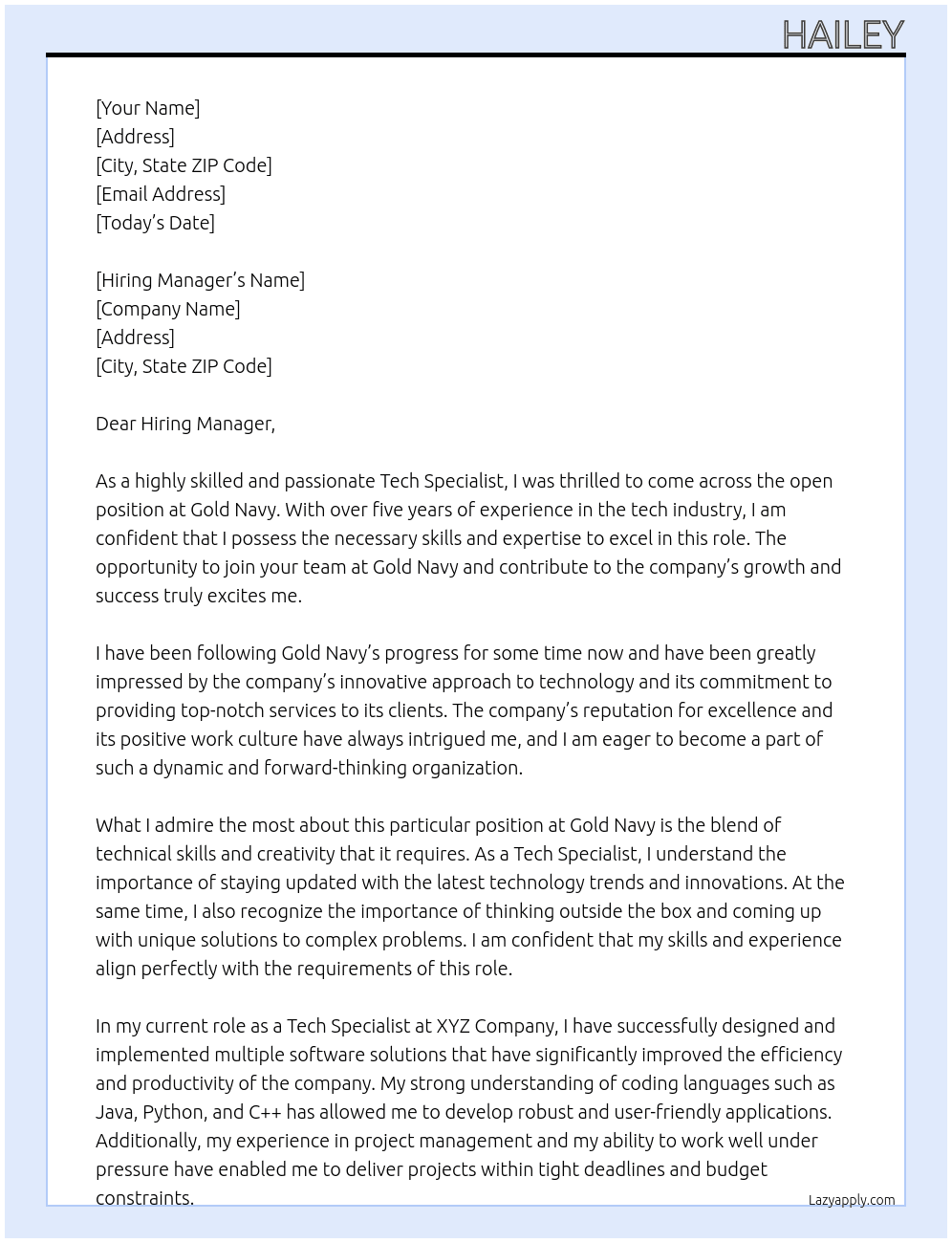 Tech Specialist At Gold Navy Cover Letter