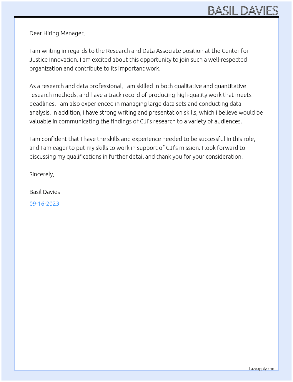 Research and Data Associate At Center for Justice Innovation Cover Letter