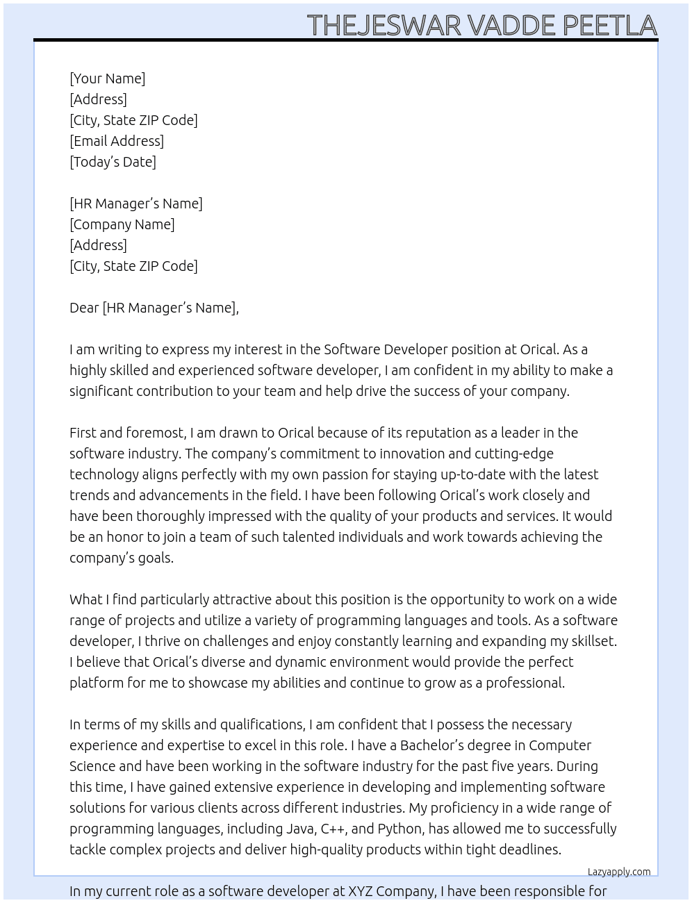 Software Developer At orical  Cover Letter