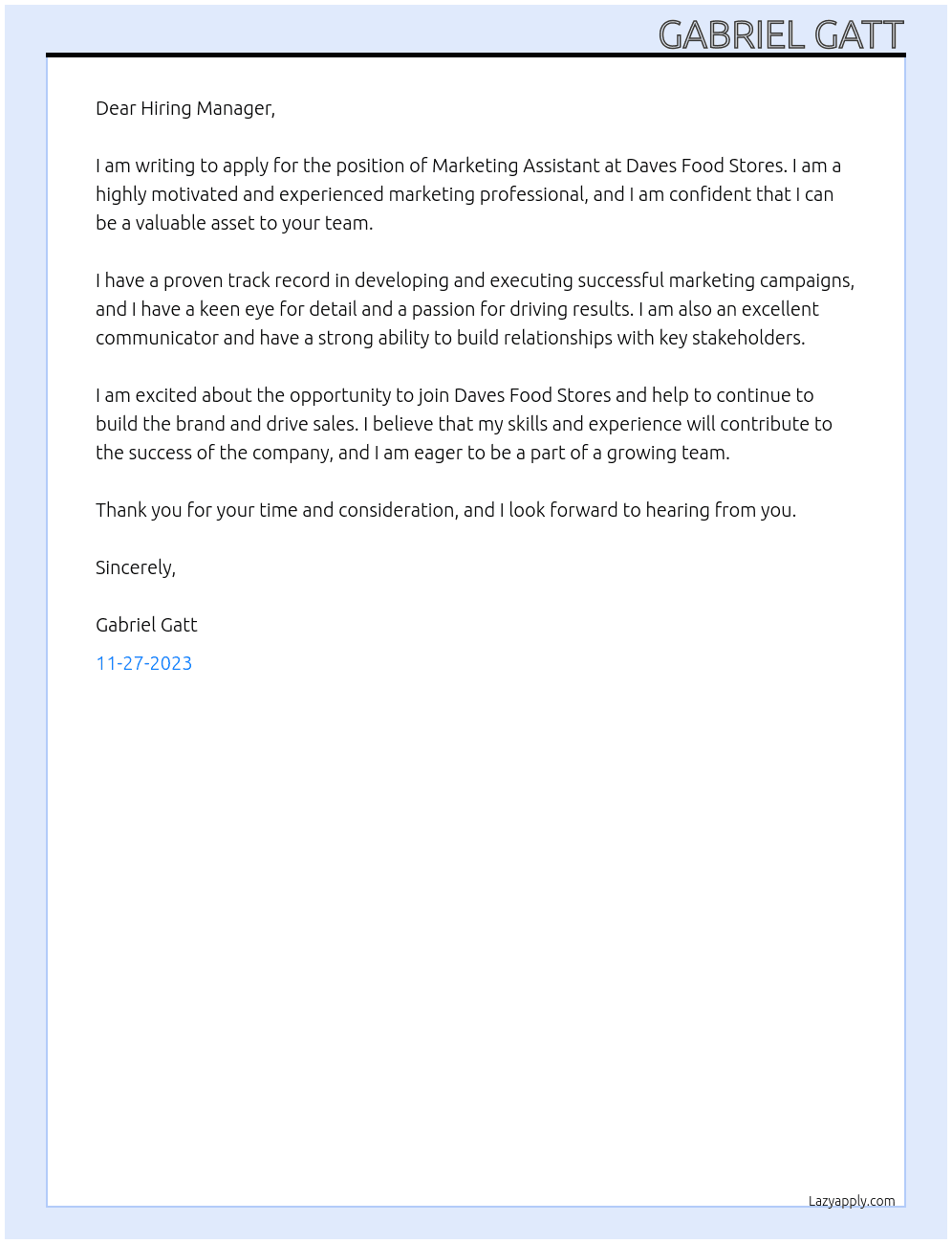 Marketing Assistant At Daves Food Stores Cover Letter
