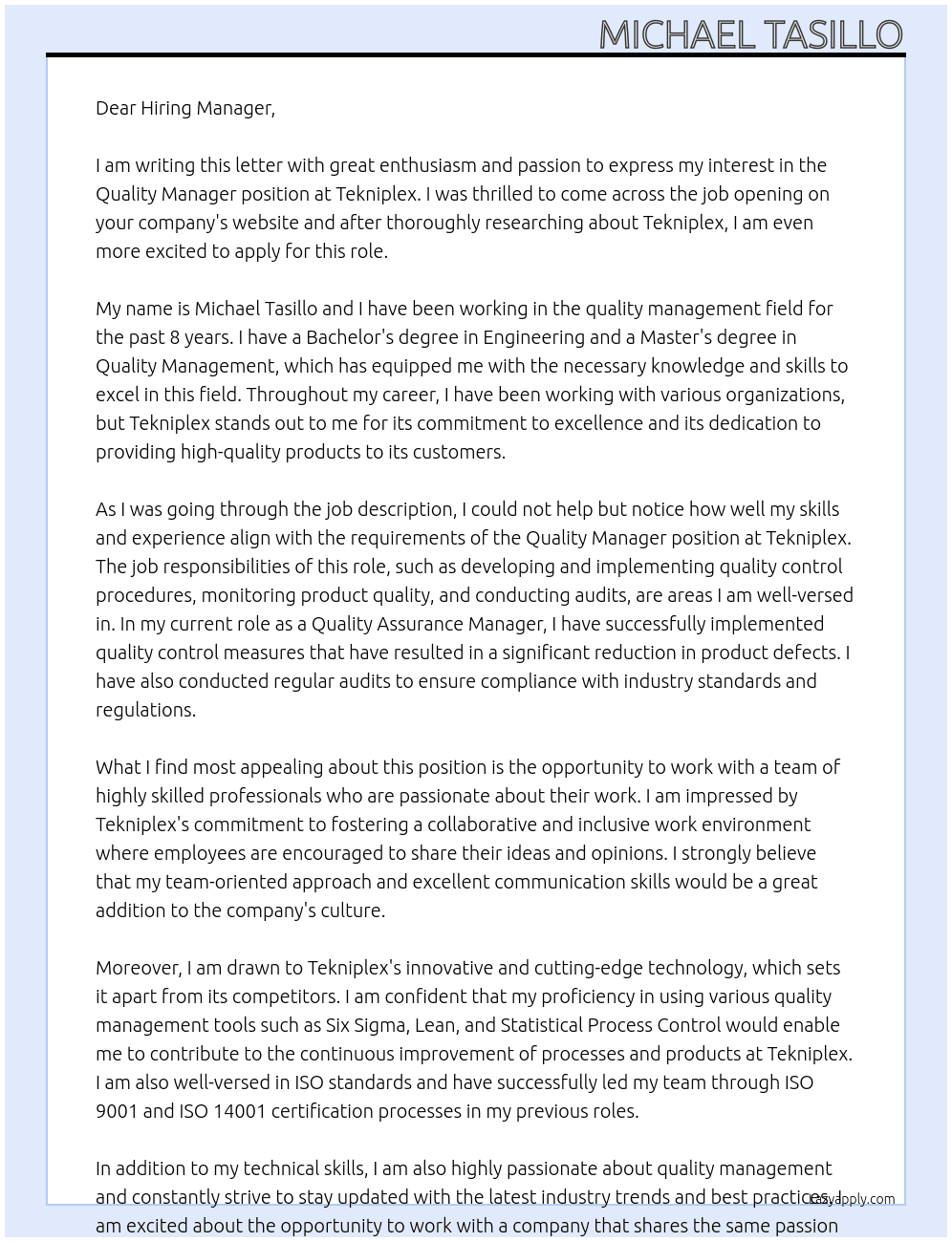 Quality Manager At Tekniplex Cover Letter