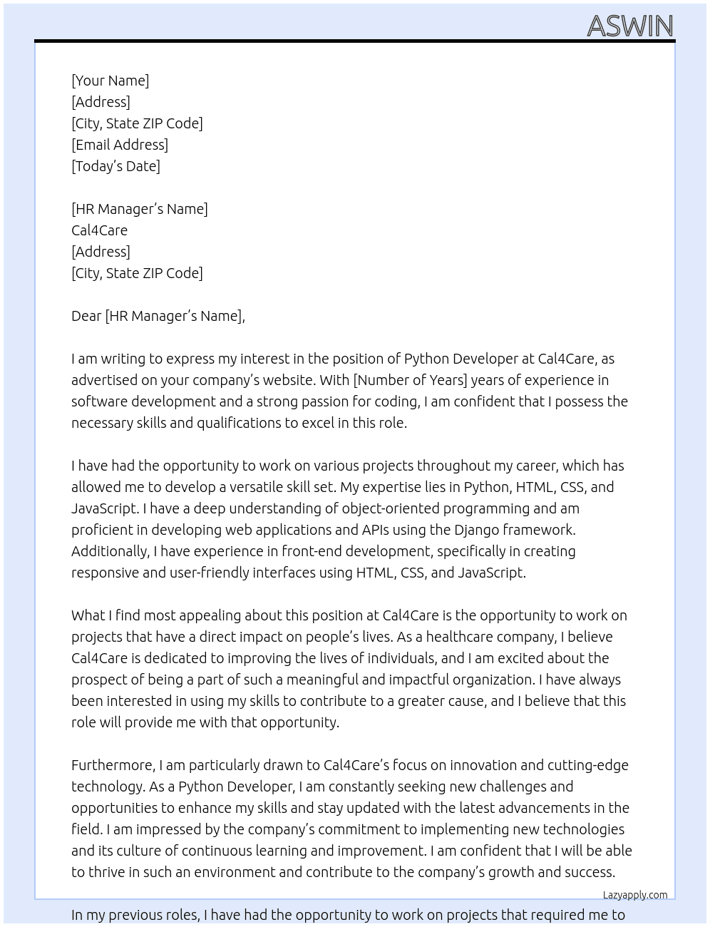 Python Developer At Cal4Care Cover Letter