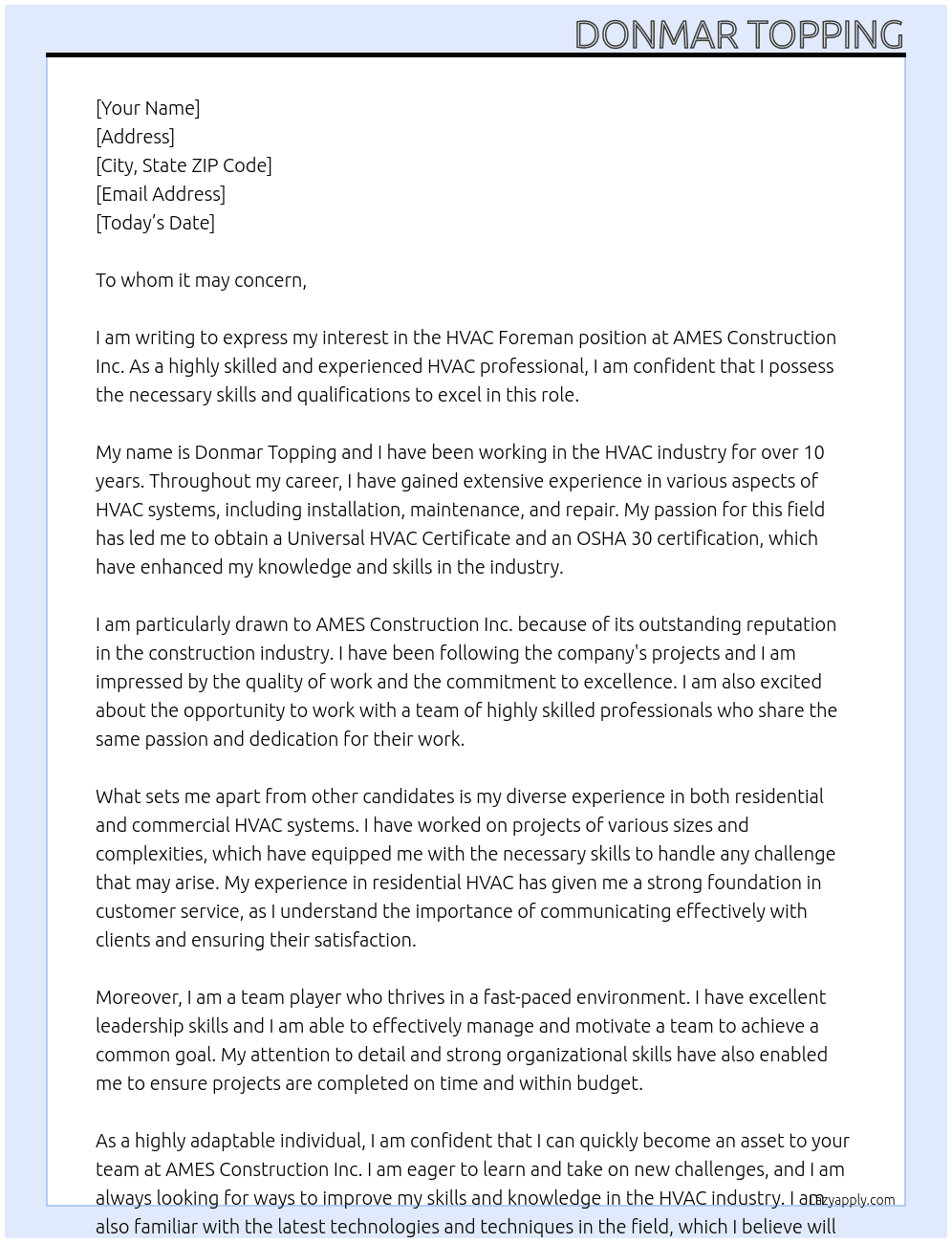 HVAC Foreman  At AMES Construction Inc Cover Letter