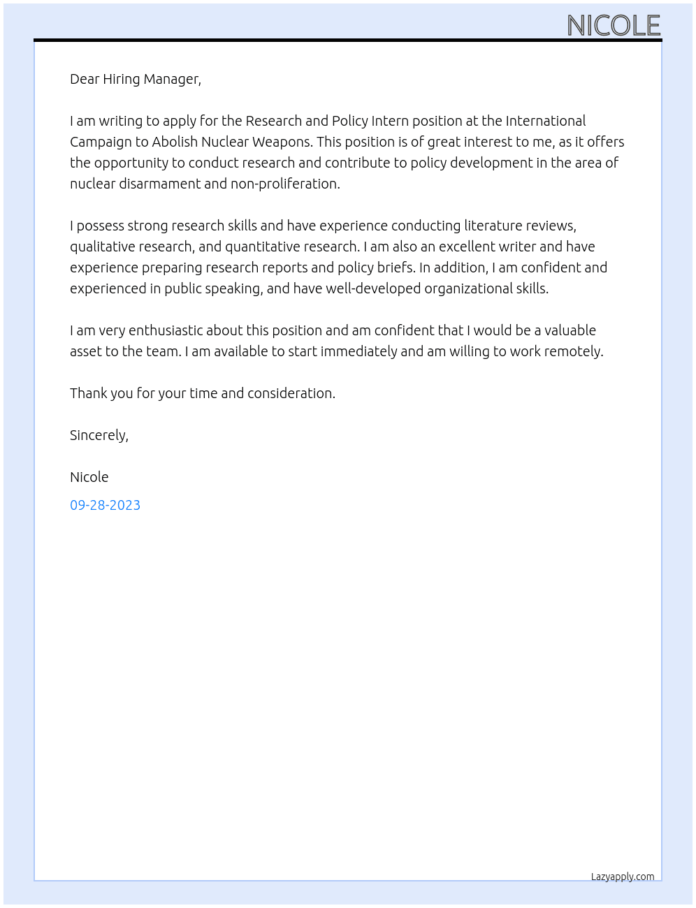 Research and Policy Intern At International Campaign to Abolish Nuclear Weapons Cover Letter