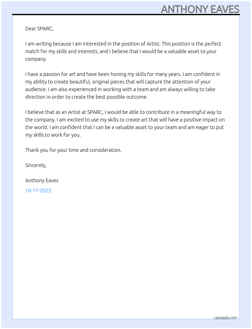 Artist At SPARC Cover Letter