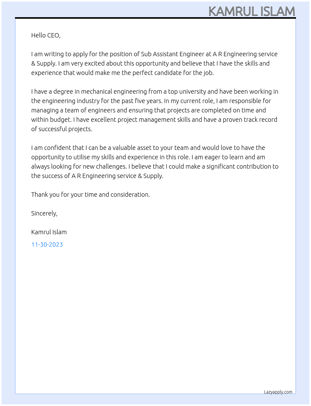 Sub assistant engineer  At A R Engineering service & Supply  Cover Letter
