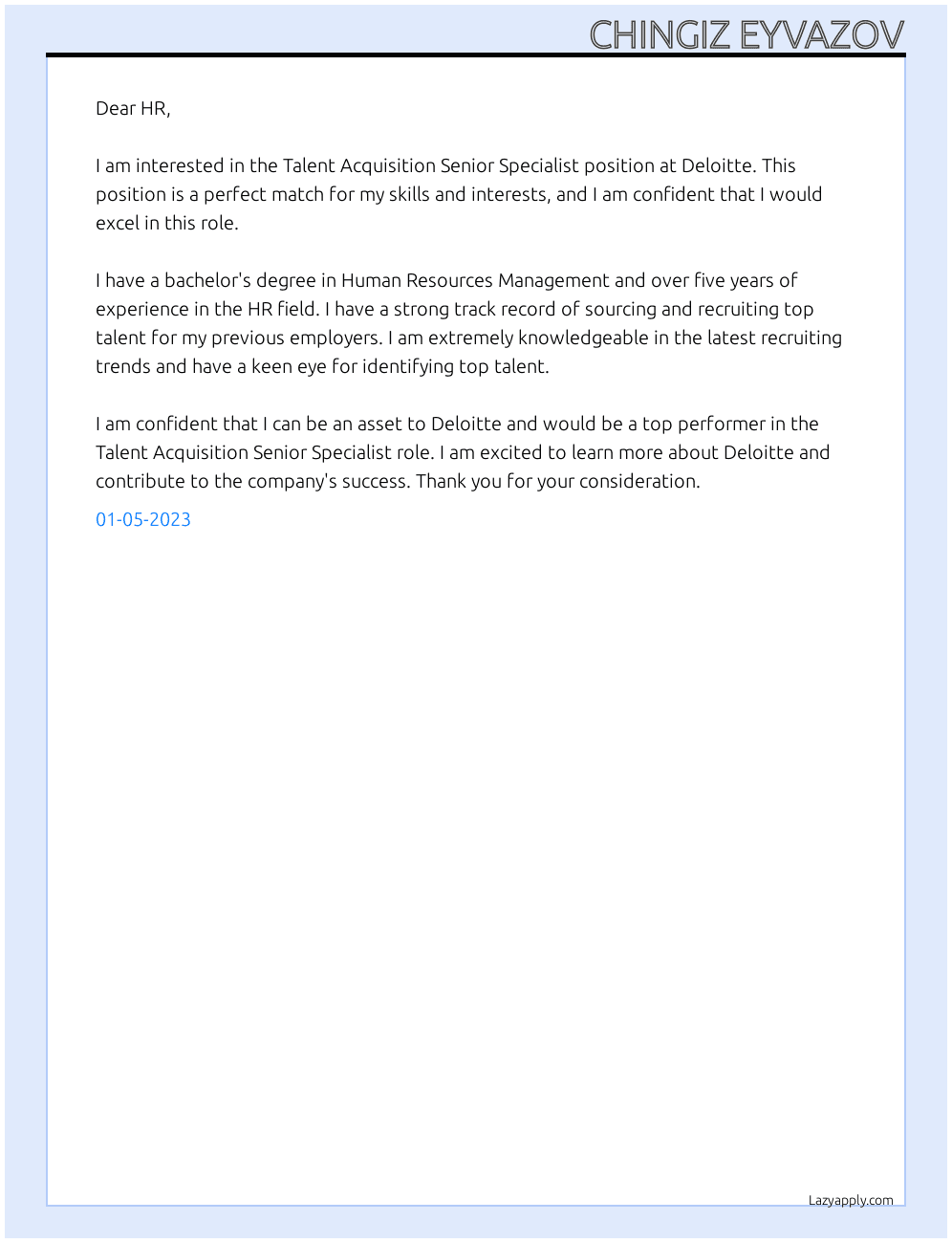 Cover letter for talent acquisition senior specialist - LazyApply