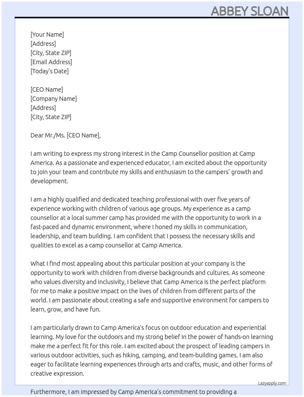 camp counseller At Camp America Cover Letter