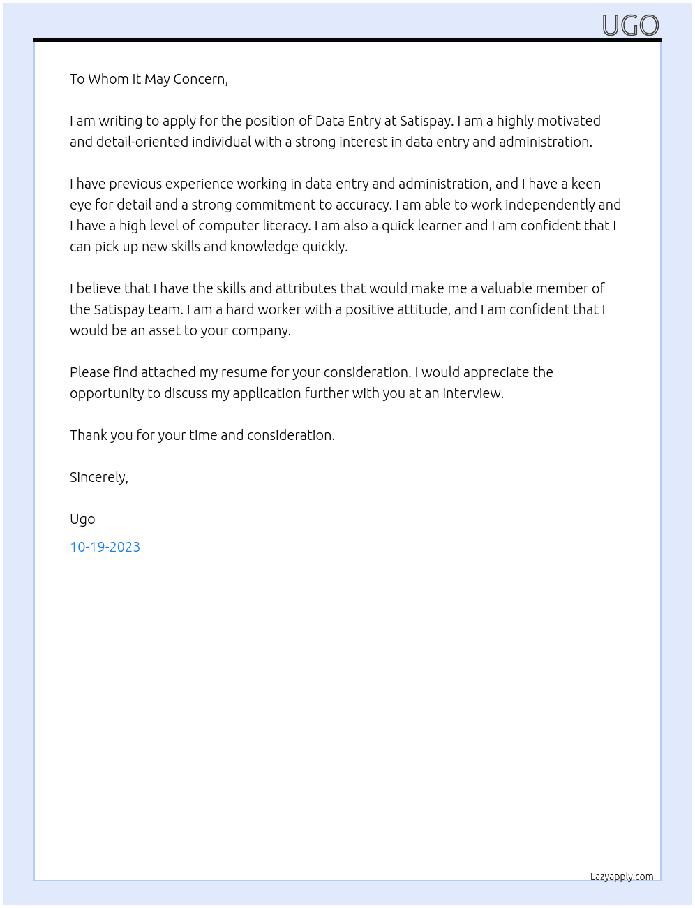 Data entry At Satispay Cover Letter