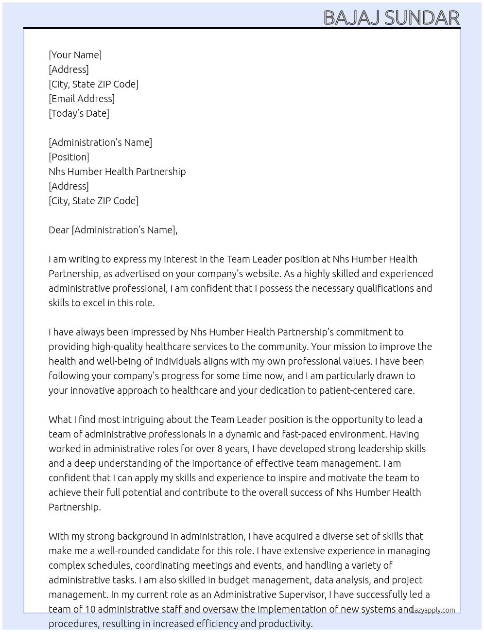 Team leader  At Nhs Humber health partnership Cover Letter