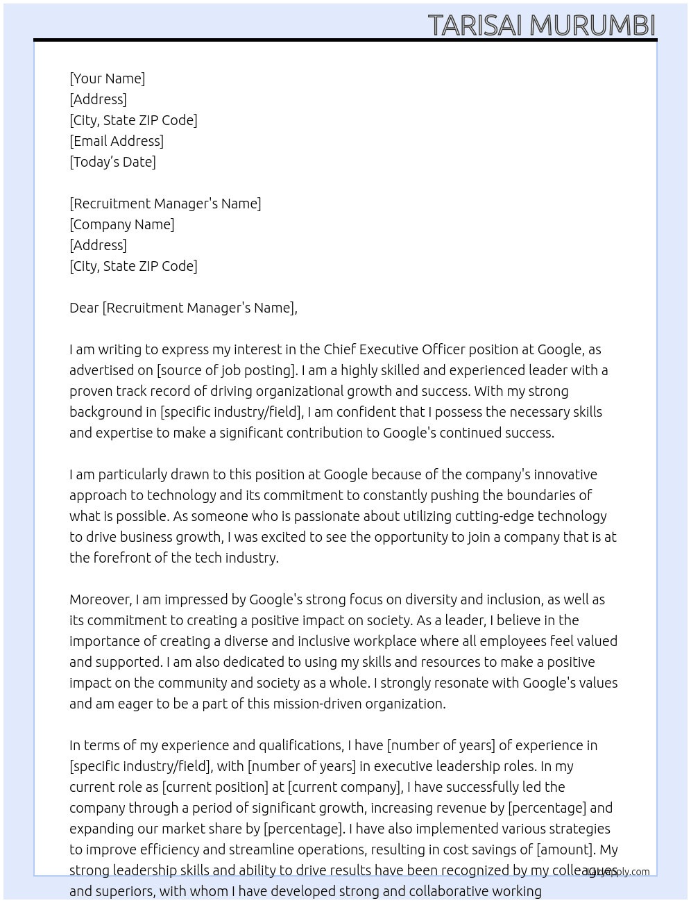Chief Executive officer At google Cover Letter