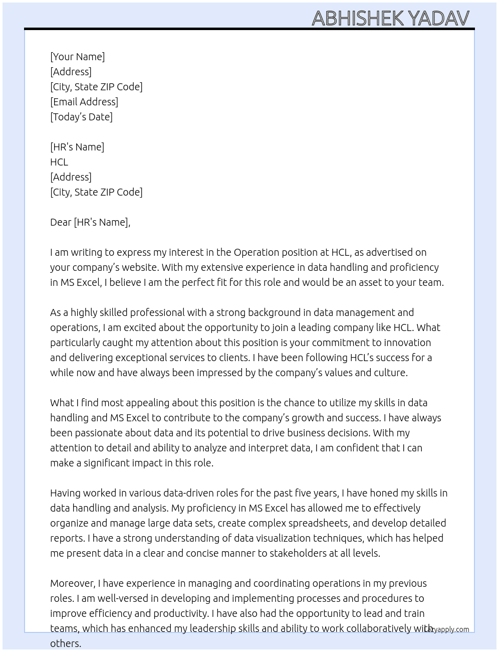 Operation At HCL  Cover Letter