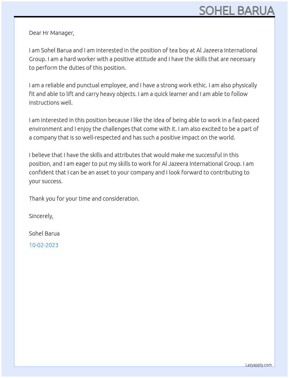 Tea boy At Al Jazeera International Group Cover Letter