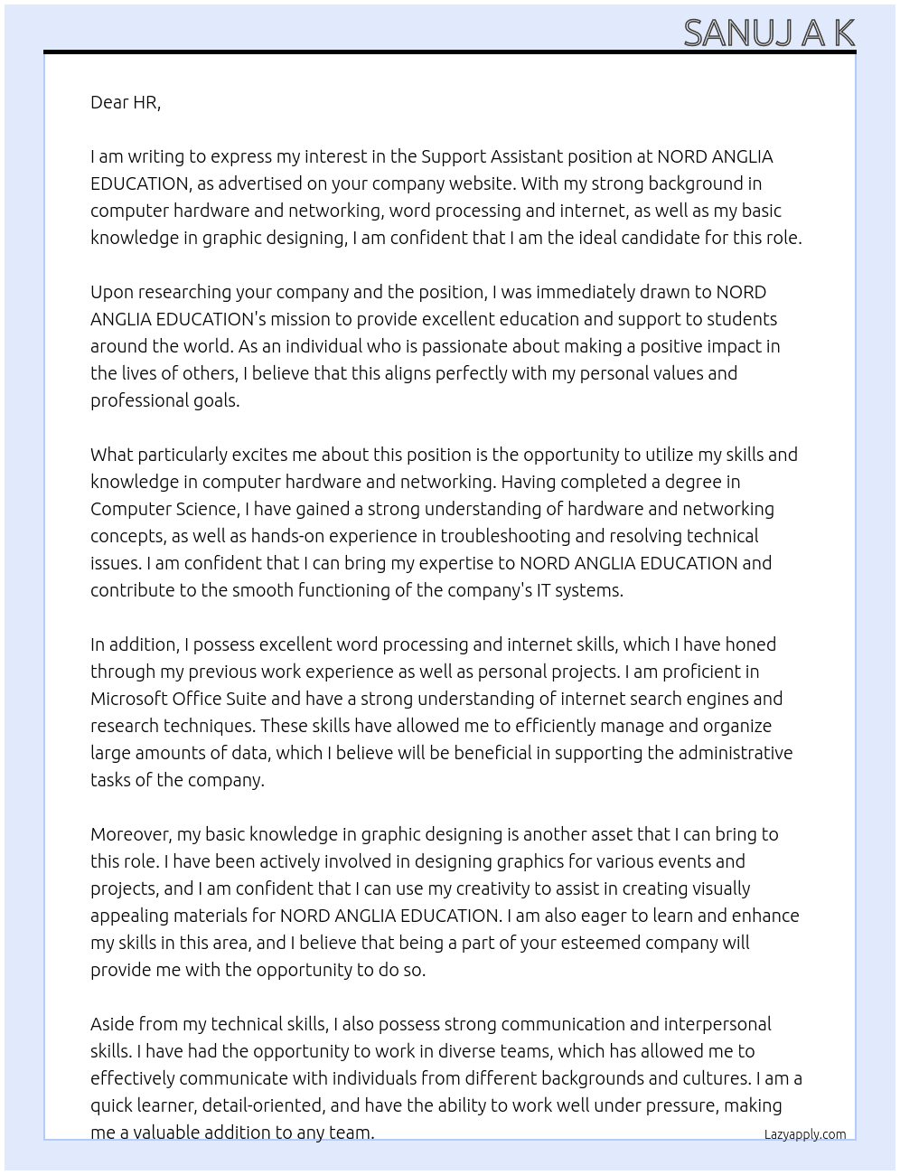 Support Assistant At NORD ANGLIA EDUCATION Cover Letter