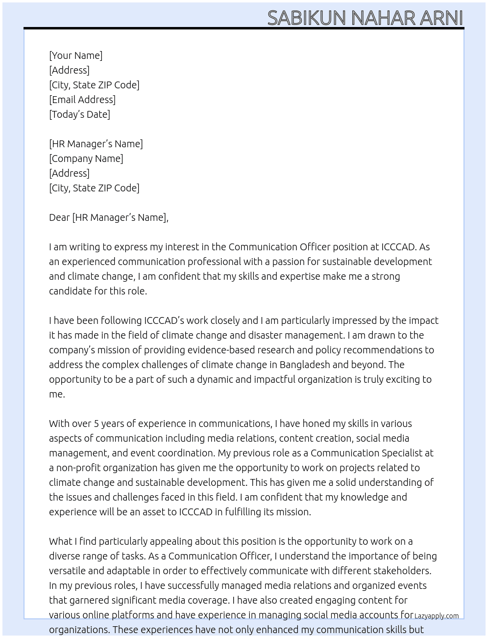 Communication Officer At ICCCAD Cover Letter