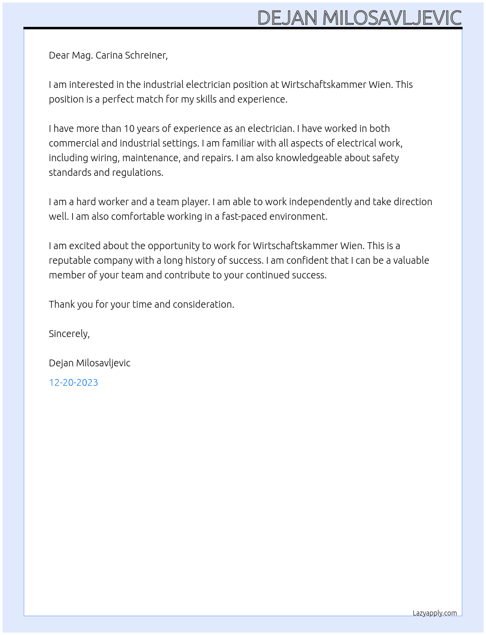 Industrial electrician At Wirtschaftskammer Wien Cover Letter