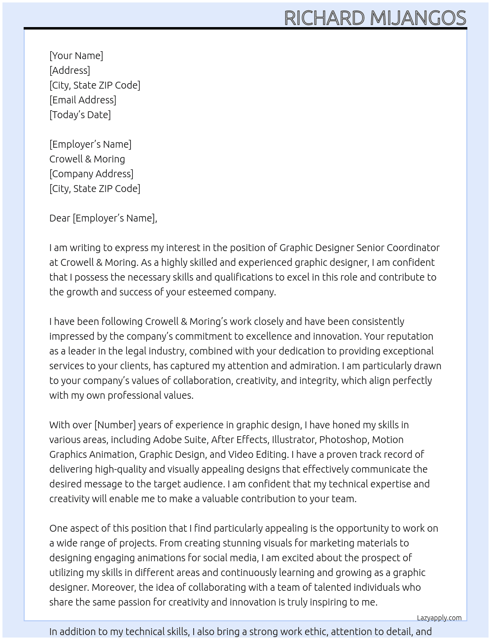 Graphic Designer Senior Coordinator At Crowell & Moring Cover Letter