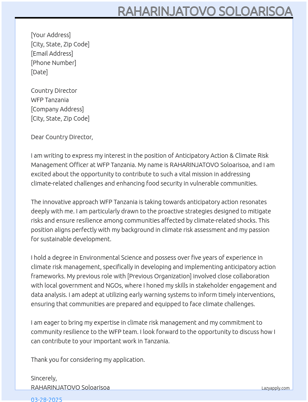 Anticipatory Action & Climate Risk Management Officer At WFP Tanzania Cover Letter