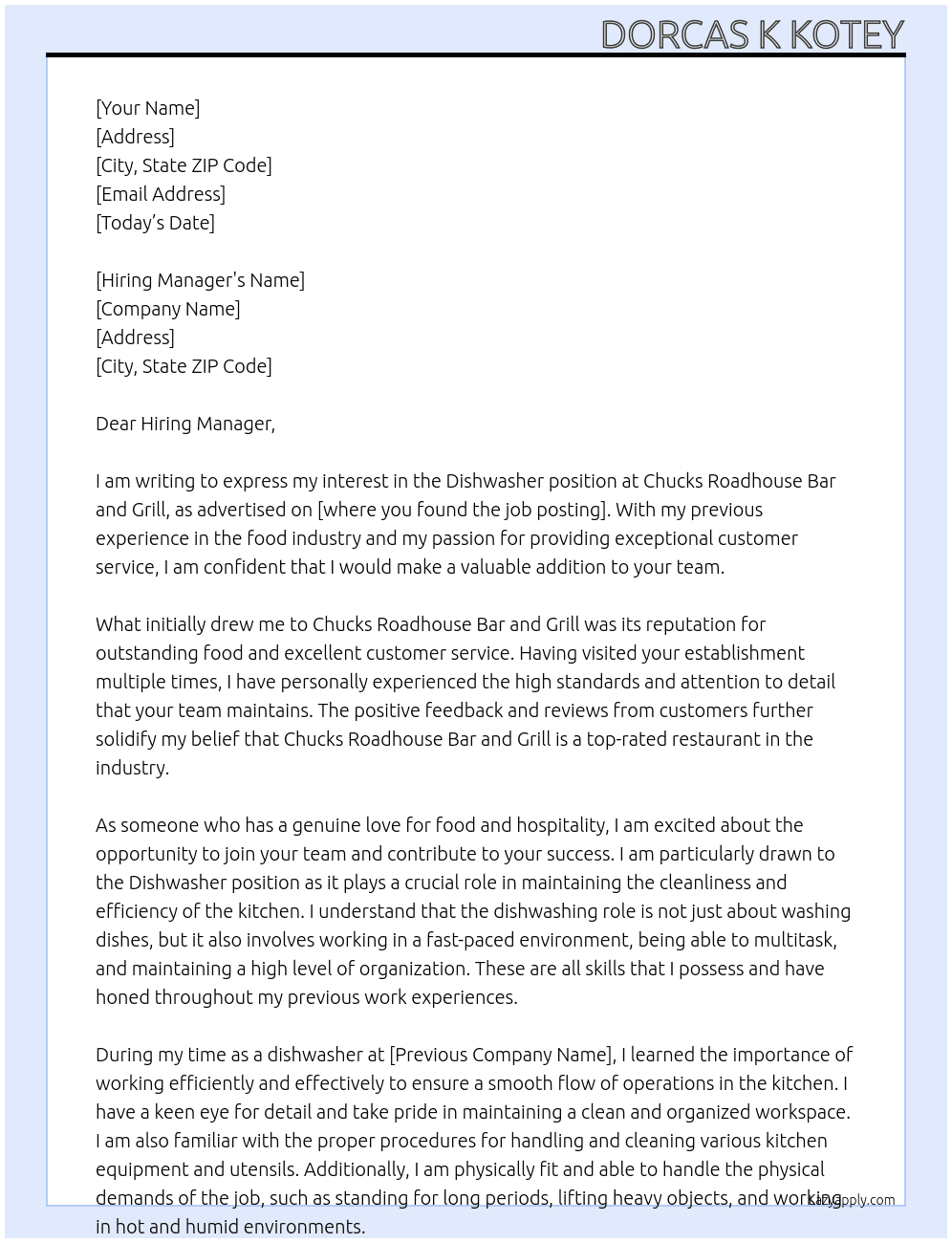 Diswasher At Chucks Roadhouse Bar and Grill Cover Letter