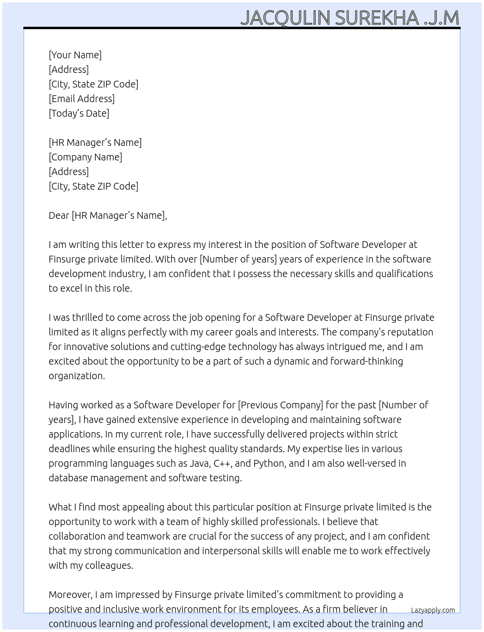 Software developer  At Finsurge private limited  Cover Letter