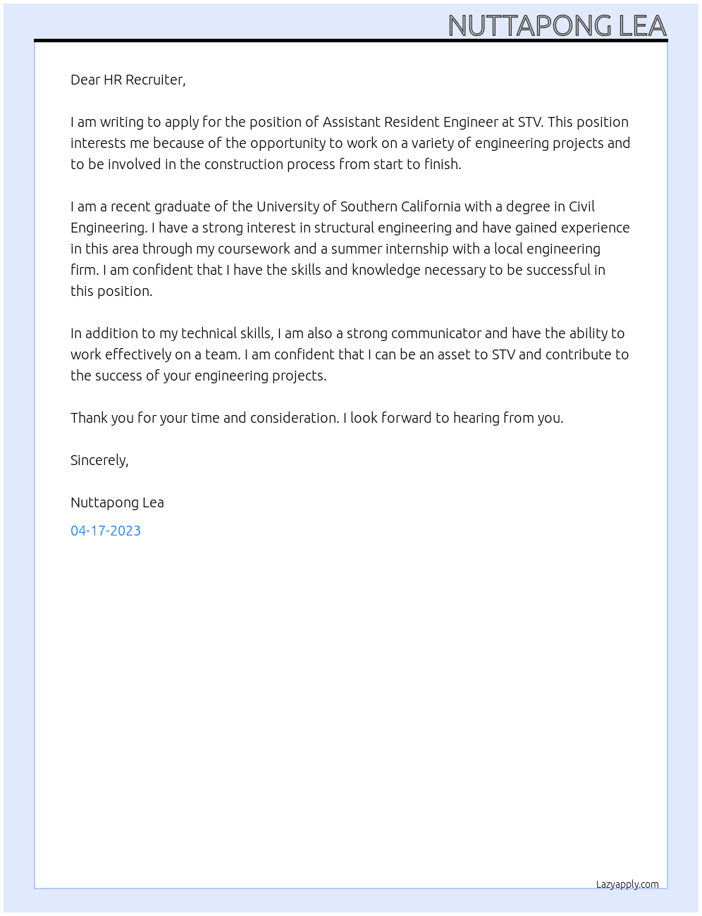 Assistant Resident Engineer At STV Cover Letter