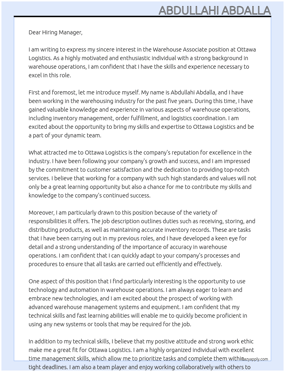 Warehouse Associate At Ottawa Logistics Cover Letter