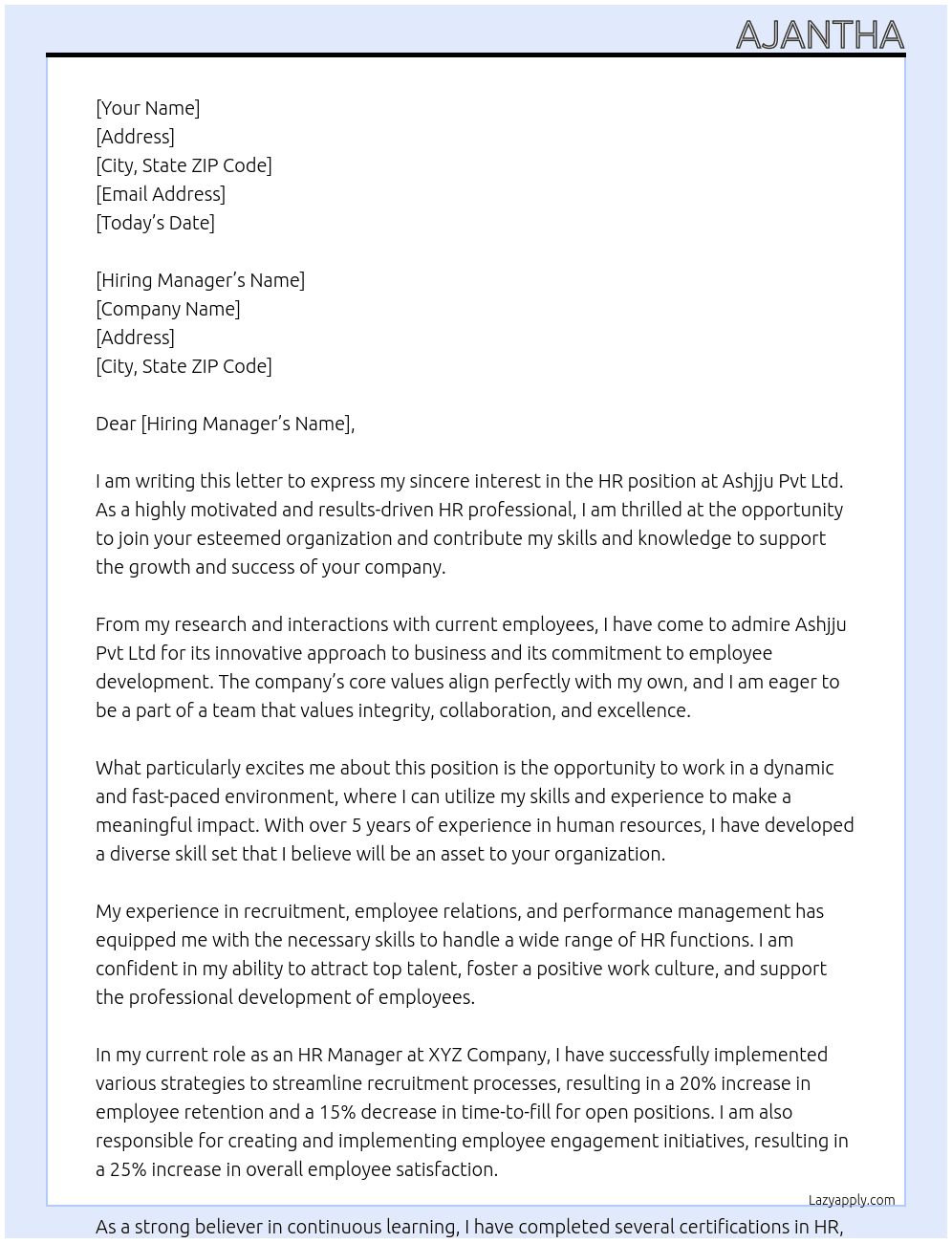 Hr At Ashjju pvt Ltd  Cover Letter