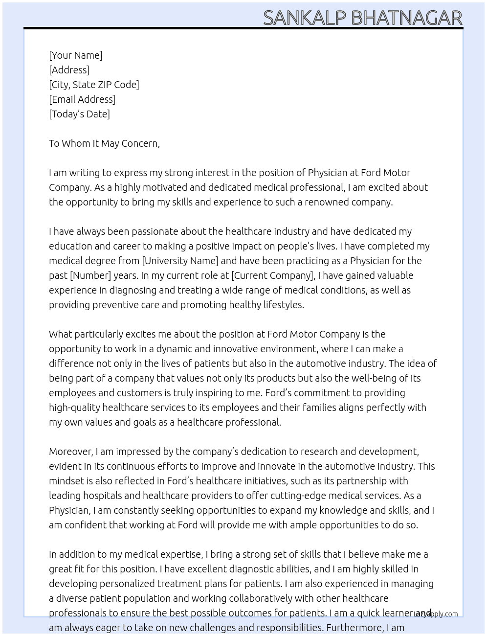 Physician At Ford Motor Company Cover Letter