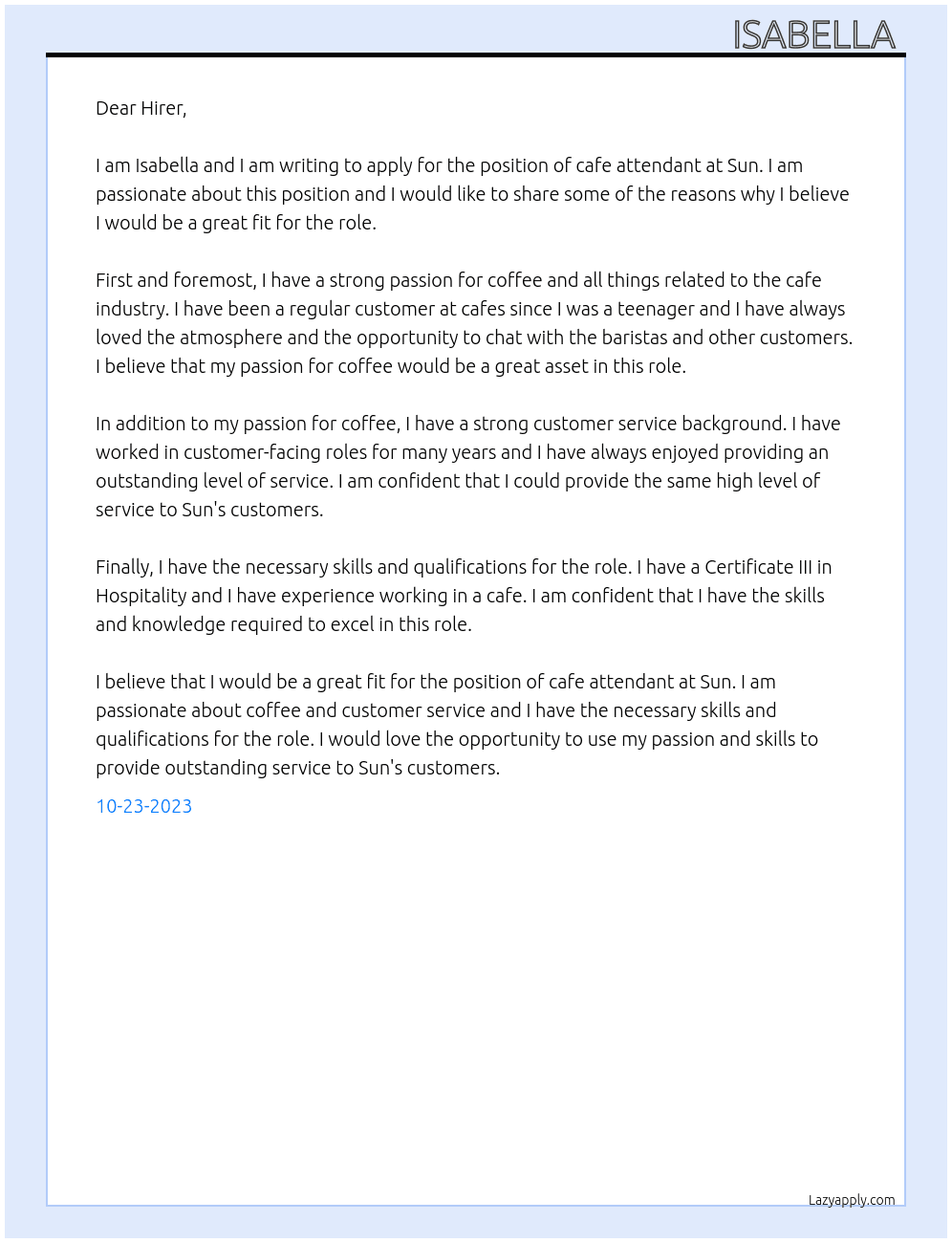 Cafe attendant  At Sun  Cover Letter
