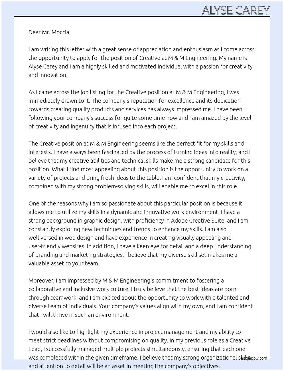 Creative At M & M Engineering Cover Letter